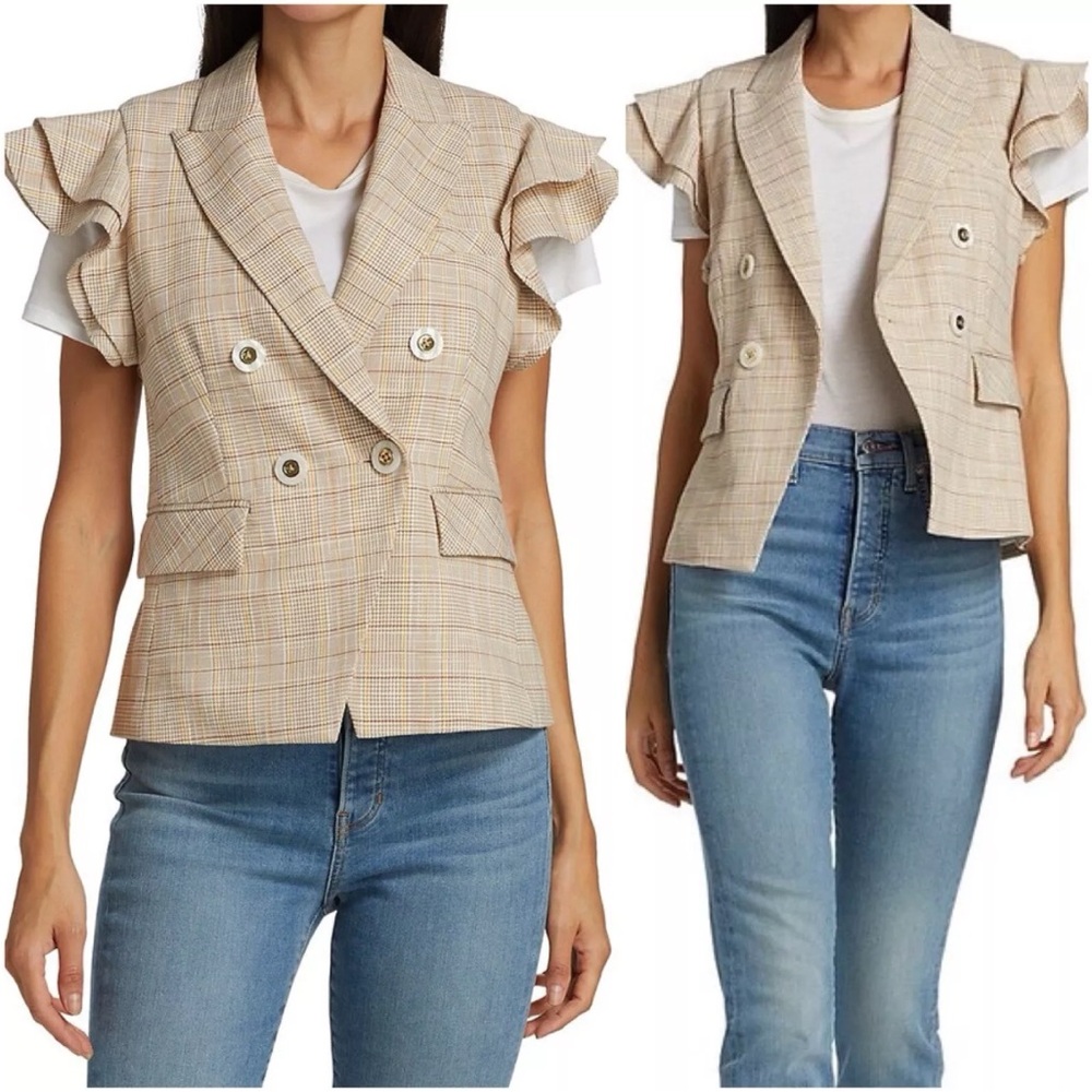 $595 Veronica Beard Janae Plaid Ruffle Blazer Jacket vest Khaki Multi Sz 00 - Picture 3 of 16